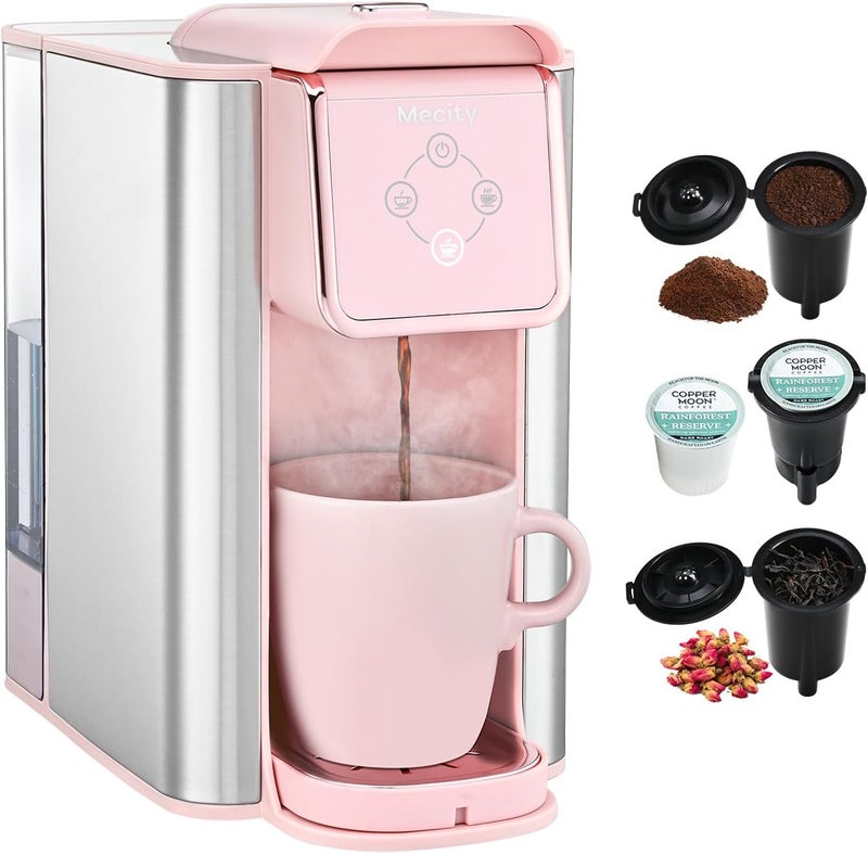 Mecity Pink Coffee Maker 3-in-1 Single Serve Coffee Machine, For Flat Bottom Coffee Capsule, Ground Coffee, 6 to 10 Ounce Cup, Removable 50 Oz Water Reservoir, 120V 1150W - Image 1
